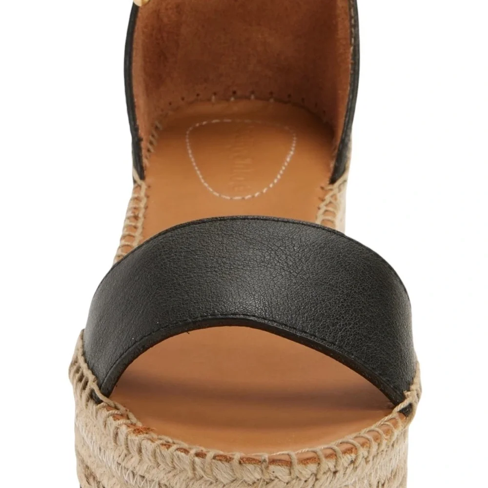 See by Chloe Glyn Espadrilles Wedge Black Leather Ankle Strap Sandals Sz 40